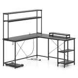 L-Shaped Reversible Gaming Desk with LED Strip and Power Outlets Hutch Monitor Stand