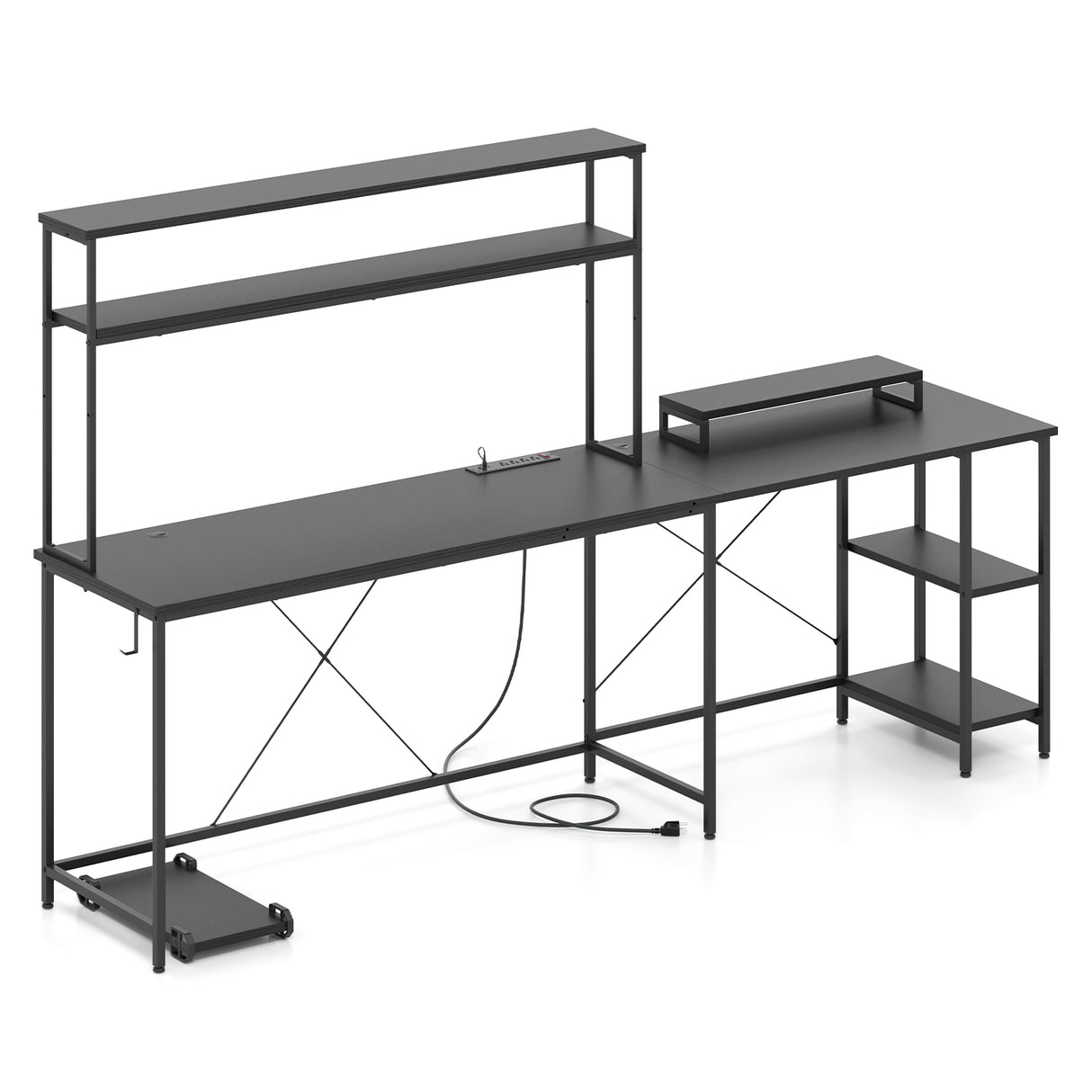 L-Shaped Reversible Gaming Desk with LED Strip and Power Outlets Hutch Monitor Stand