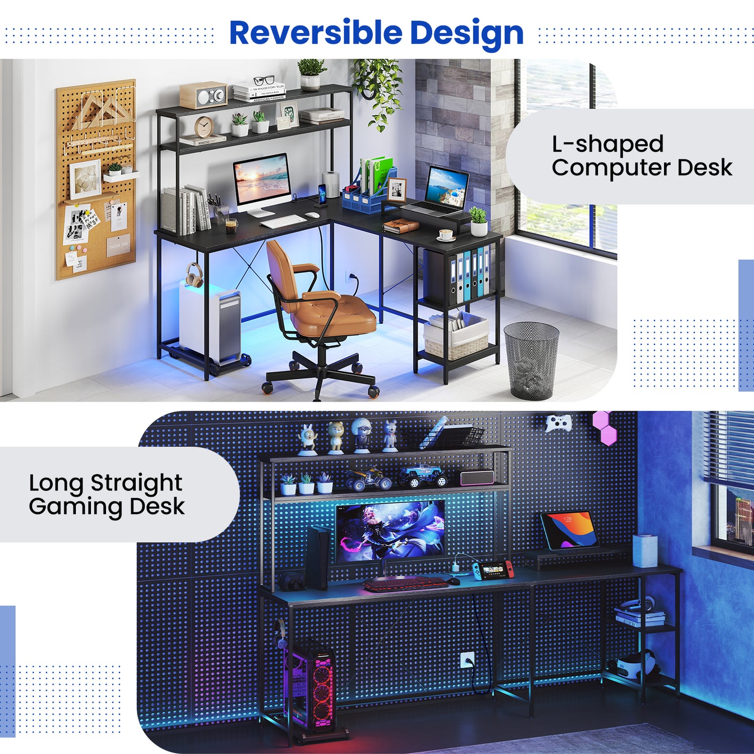 L-Shaped Reversible Gaming Desk with LED Strip and Power Outlets Hutch Monitor Stand