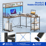 L-Shaped Reversible Gaming Desk with LED Strip and Power Outlets Hutch Monitor Stand