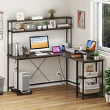 L-Shaped Reversible Gaming Desk with LED Strip and Power Outlets Hutch Monitor Stand