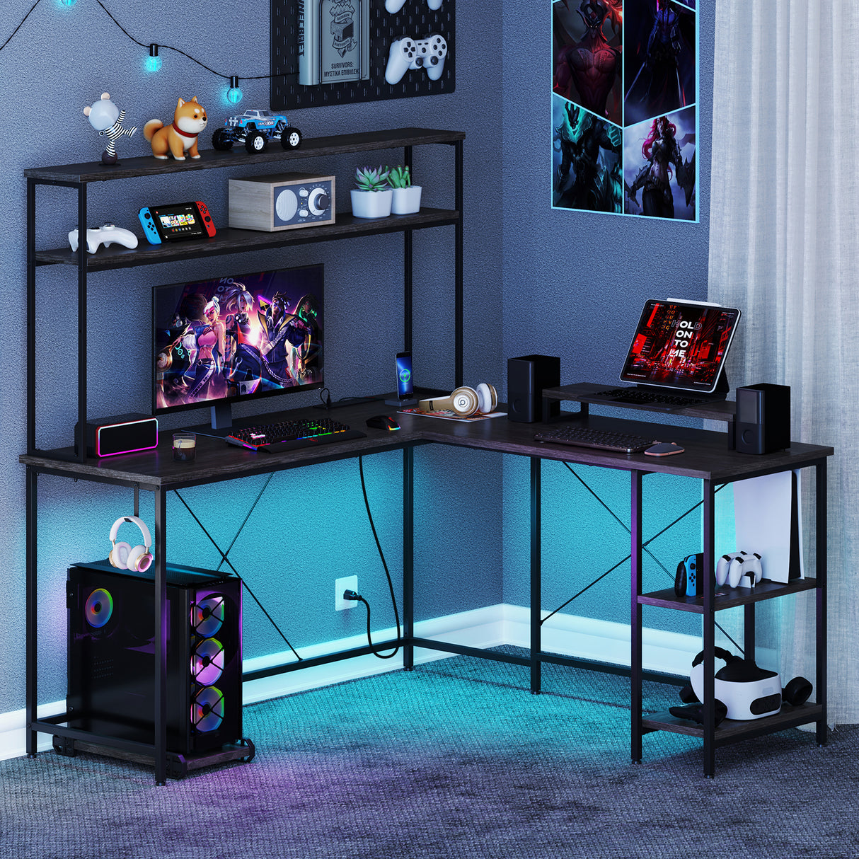 L-Shaped Reversible Gaming Desk with LED Strip and Power Outlets Hutch Monitor Stand