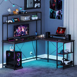 L-Shaped Reversible Gaming Desk with LED Strip and Power Outlets Hutch Monitor Stand