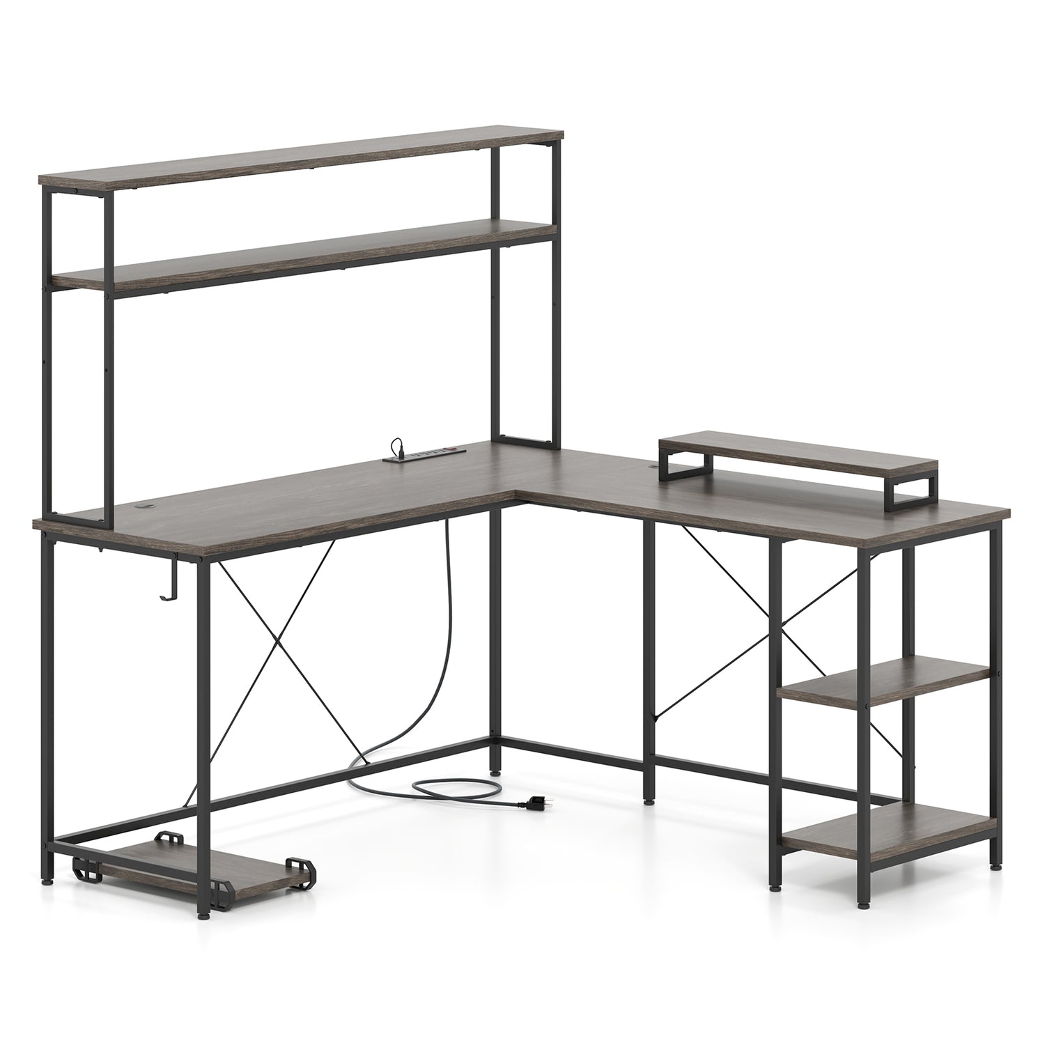 L-Shaped Reversible Gaming Desk with LED Strip and Power Outlets Hutch Monitor Stand