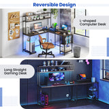 L-Shaped Reversible Gaming Desk with LED Strip and Power Outlets Hutch Monitor Stand