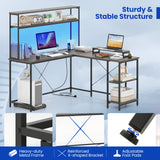 L-Shaped Reversible Gaming Desk with LED Strip and Power Outlets Hutch Monitor Stand
