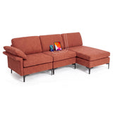 L-Shaped Sectional Sofa Convertible 4-Seater Modular Couch with 2 3-Hole Outlets and 4 USB Ports