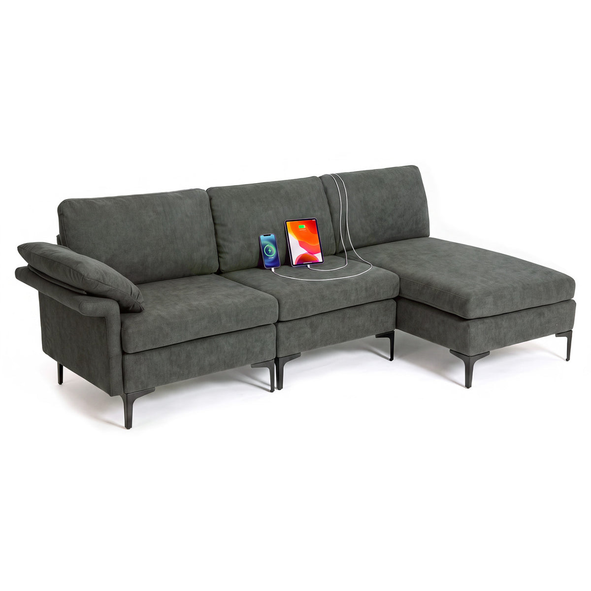 L-Shaped Sectional Sofa Convertible 4-Seater Modular Couch with 2 3-Hole Outlets and 4 USB Ports