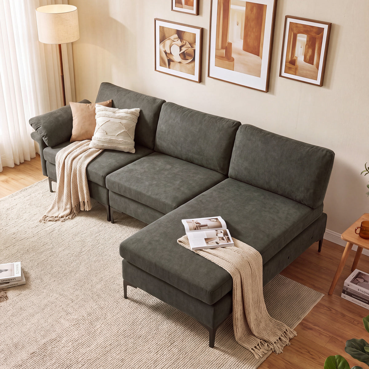 L-Shaped Sectional Sofa Convertible 4-Seater Modular Couch with 2 3-Hole Outlets and 4 USB Ports