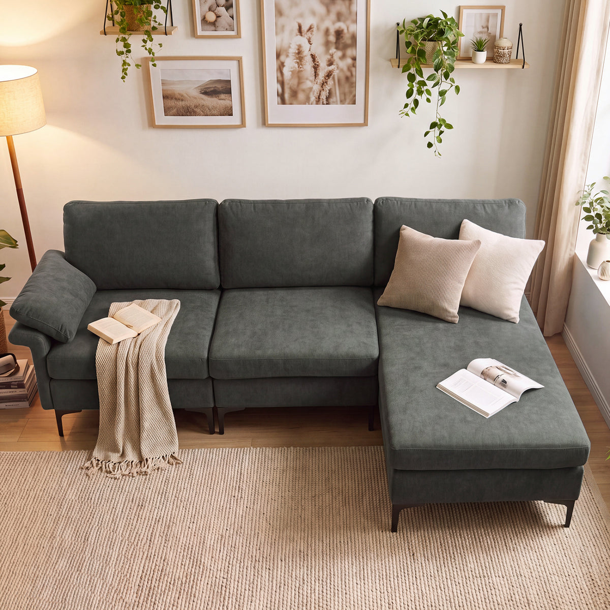 L-Shaped Sectional Sofa Convertible 4-Seater Modular Couch with 2 3-Hole Outlets and 4 USB Ports
