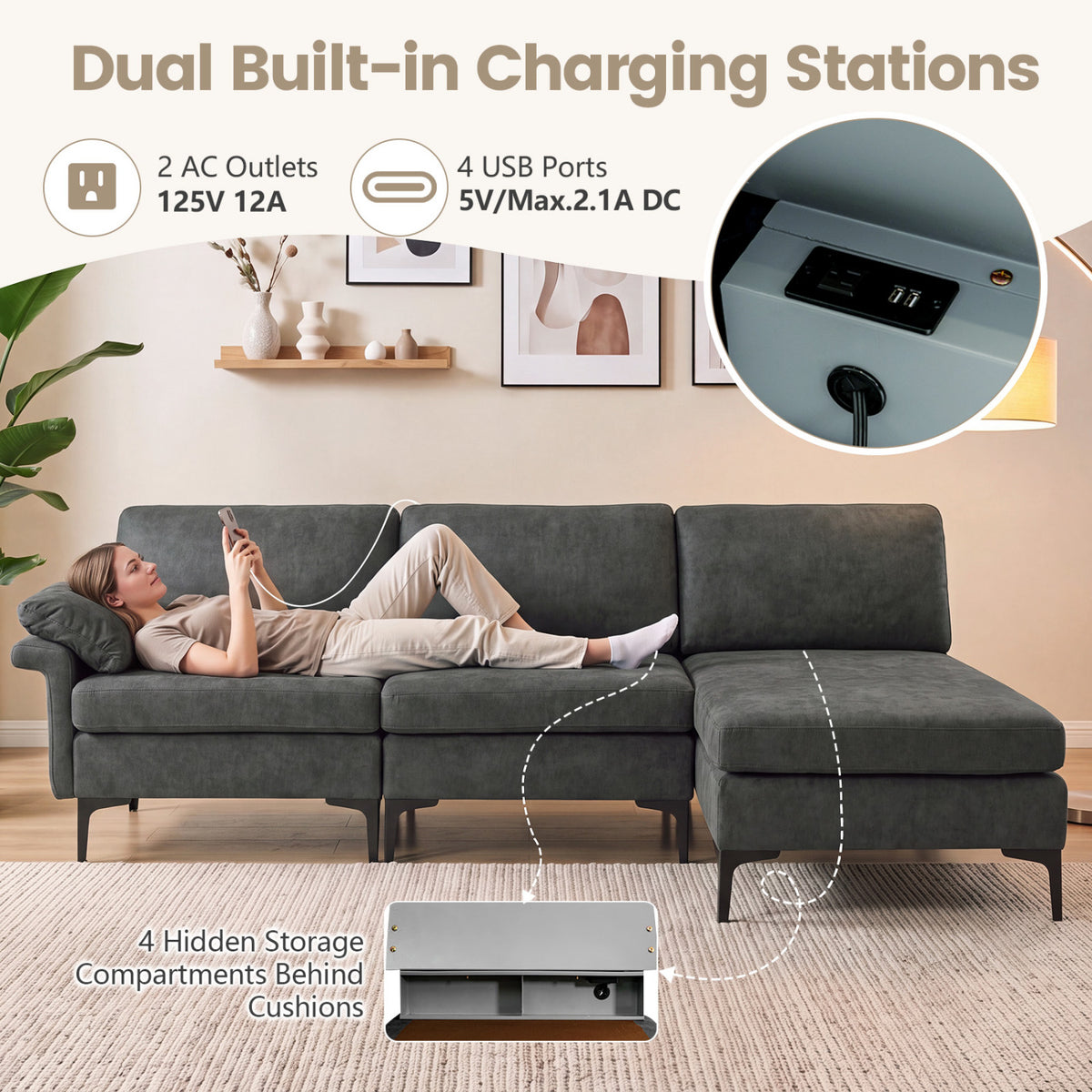 L-Shaped Sectional Sofa Convertible 4-Seater Modular Couch with 2 3-Hole Outlets and 4 USB Ports