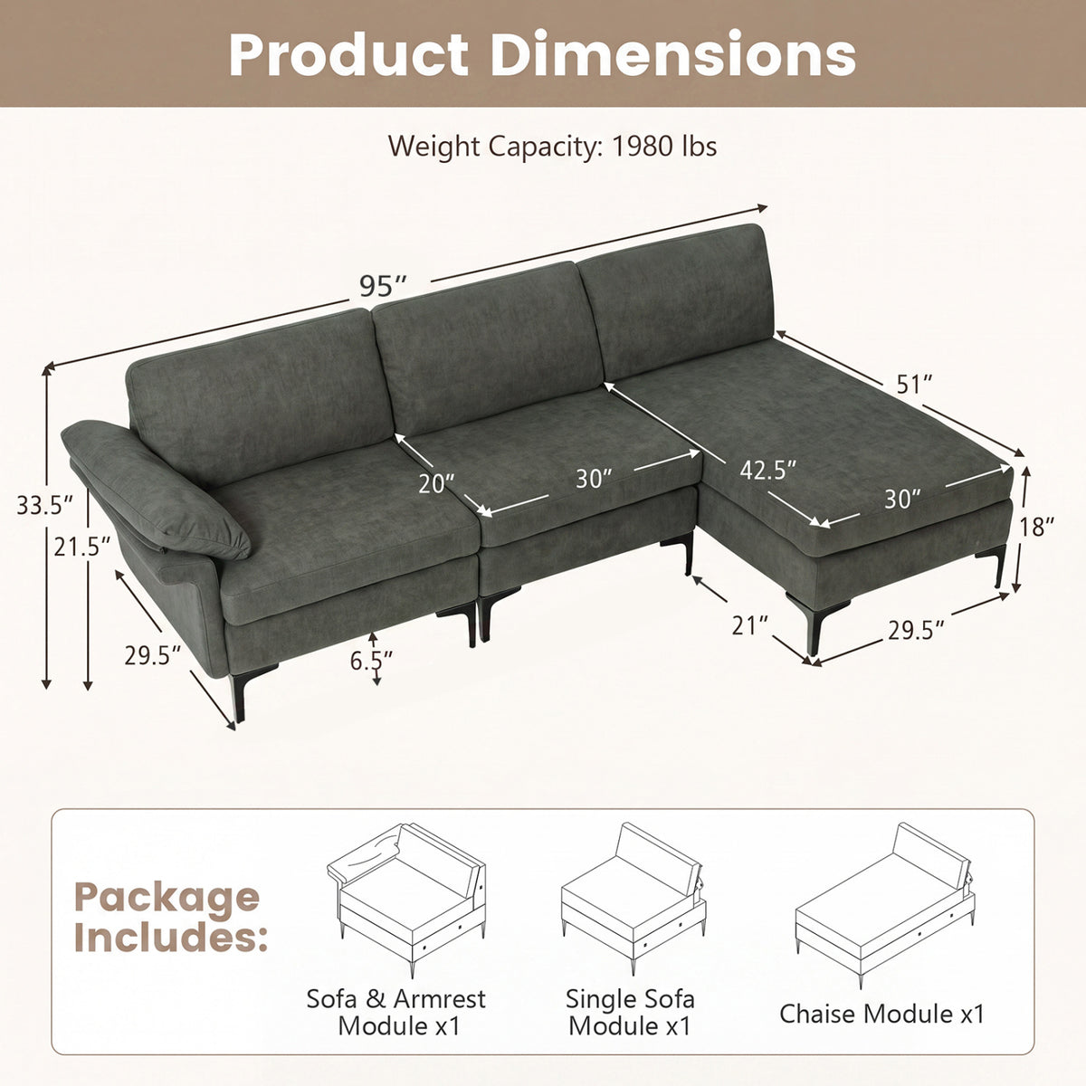 L-Shaped Sectional Sofa Convertible 4-Seater Modular Couch with 2 3-Hole Outlets and 4 USB Ports
