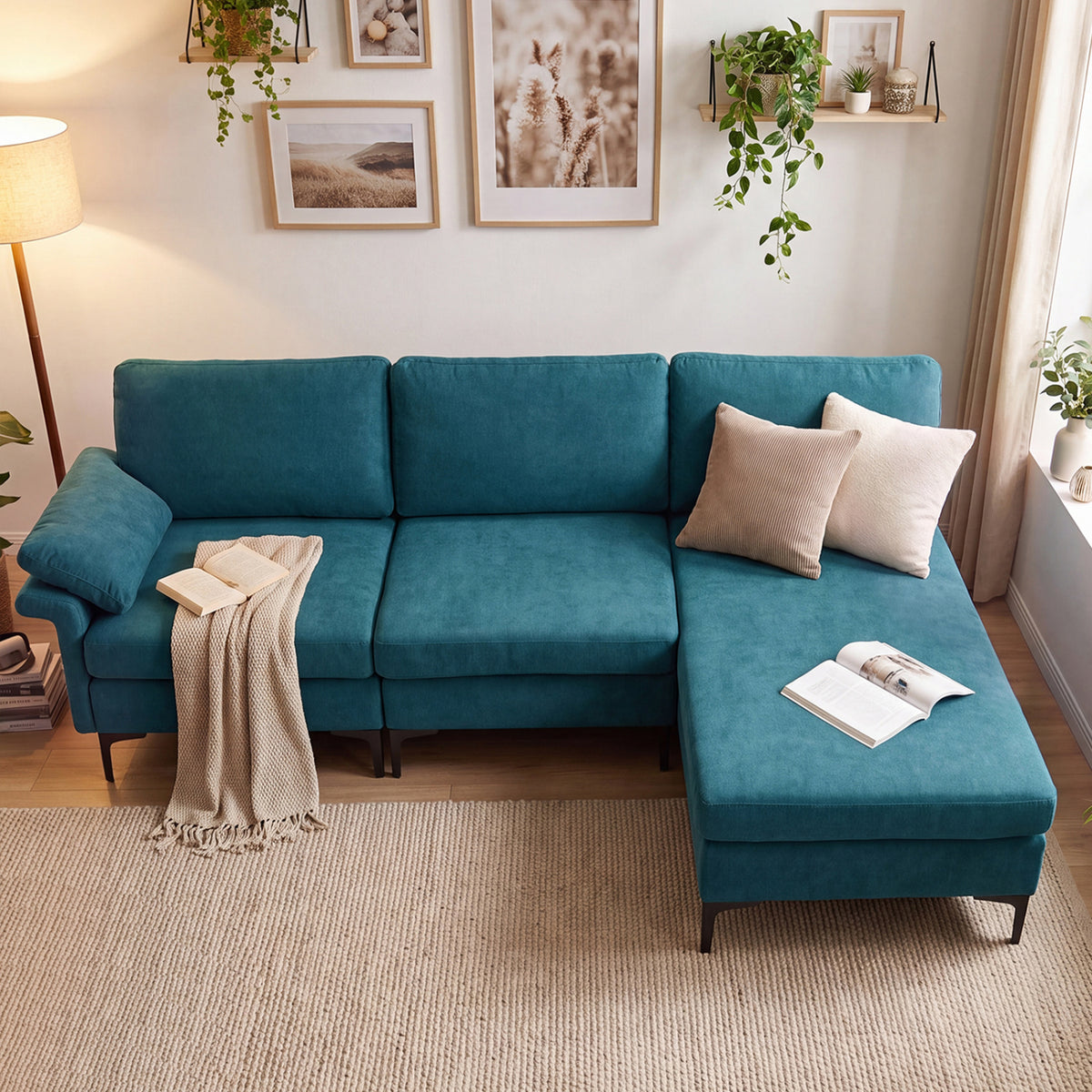 L-Shaped Sectional Sofa Convertible 4-Seater Modular Couch with 2 3-Hole Outlets and 4 USB Ports