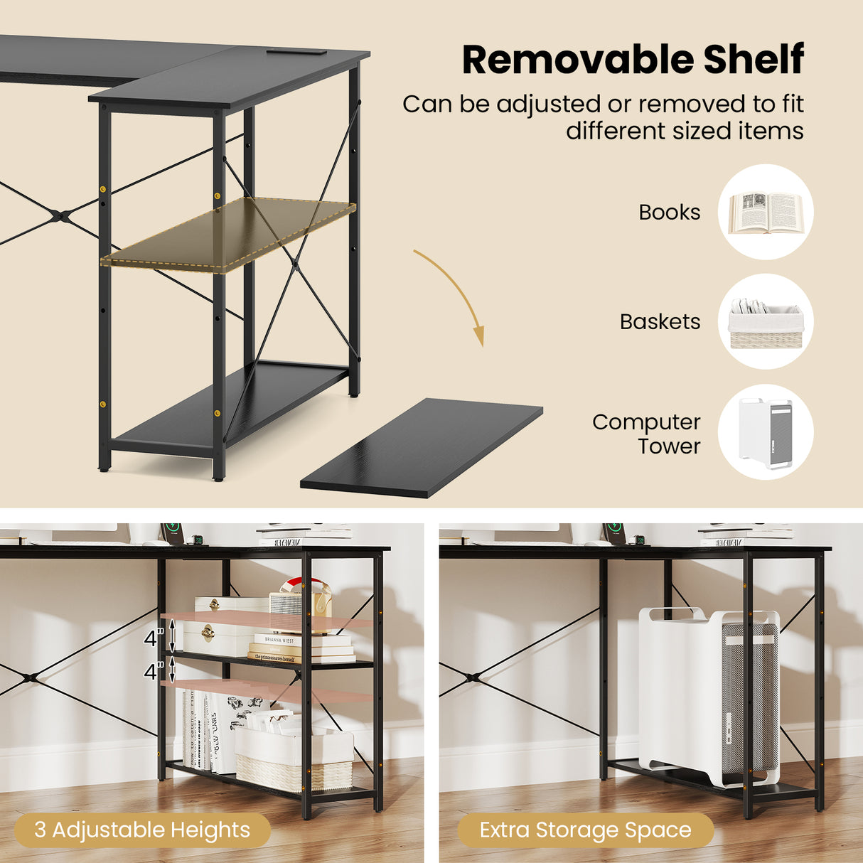 L-shaped 47 Inch Reversible Corner Desk with Adjustable Storage Shelves