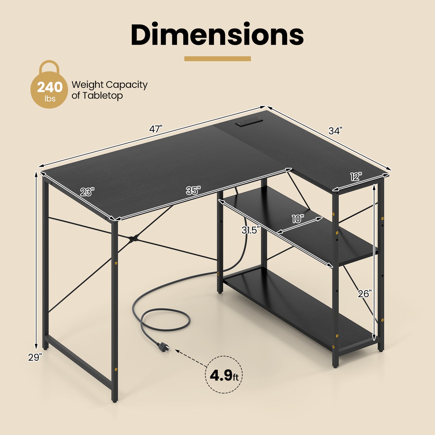 L-shaped 47 Inch Reversible Corner Desk with Adjustable Storage Shelves
