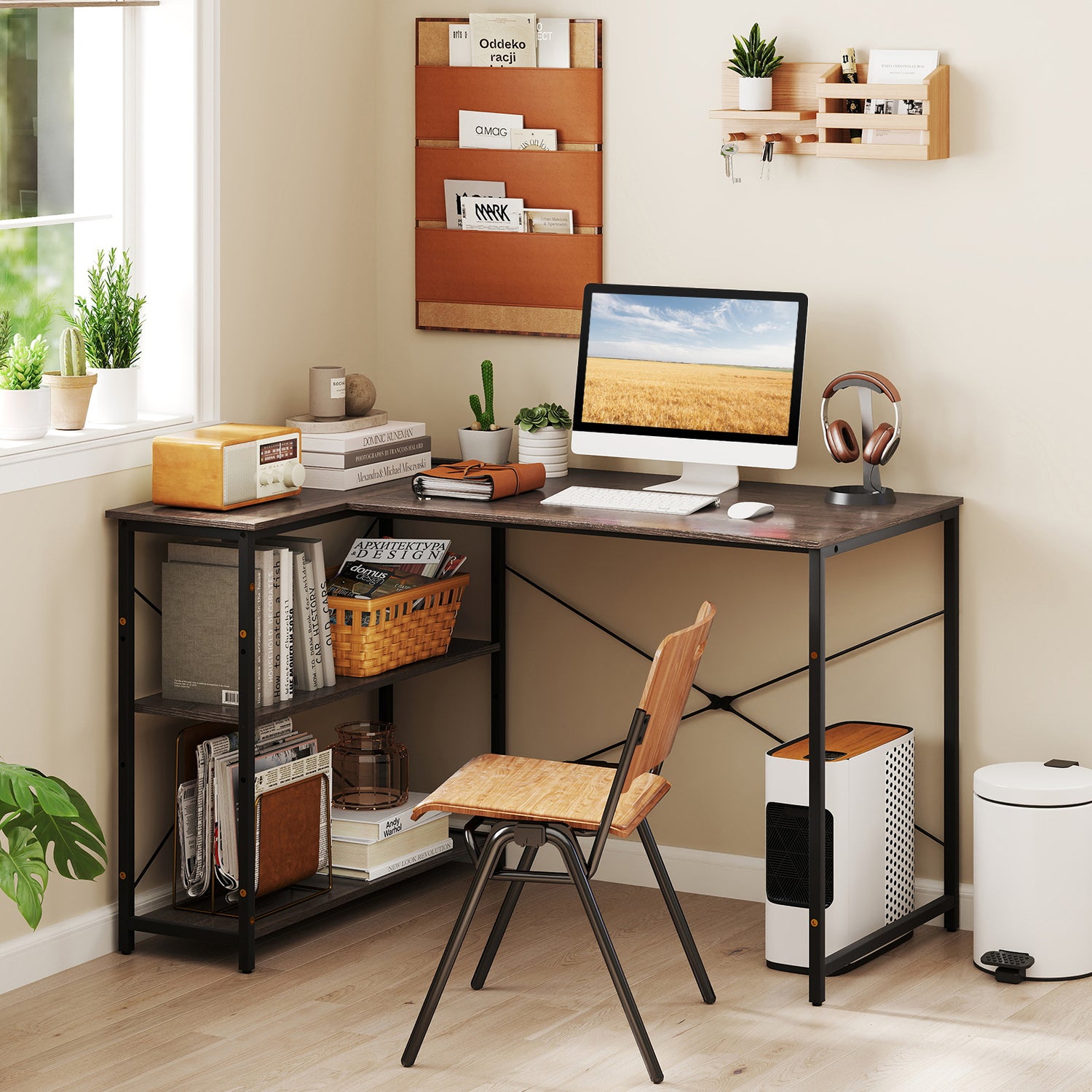 L-shaped 47 Inch Reversible Corner Desk with Adjustable Storage Shelves