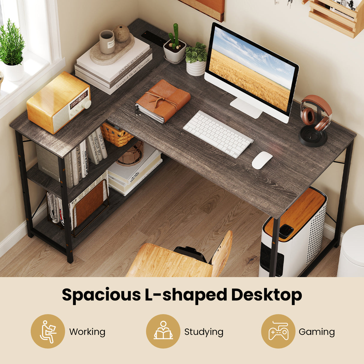 L-shaped 47 Inch Reversible Corner Desk with Adjustable Storage Shelves
