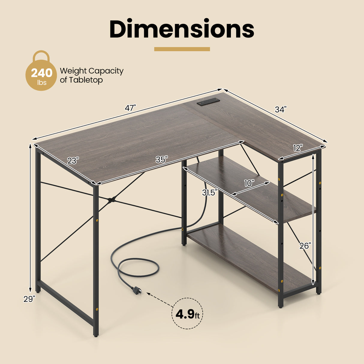 L-shaped 47 Inch Reversible Corner Desk with Adjustable Storage Shelves