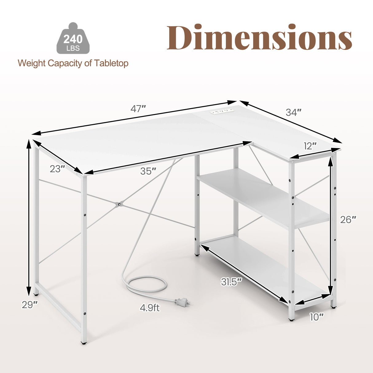 L-shaped 47 Inch Reversible Corner Desk with Adjustable Storage Shelves
