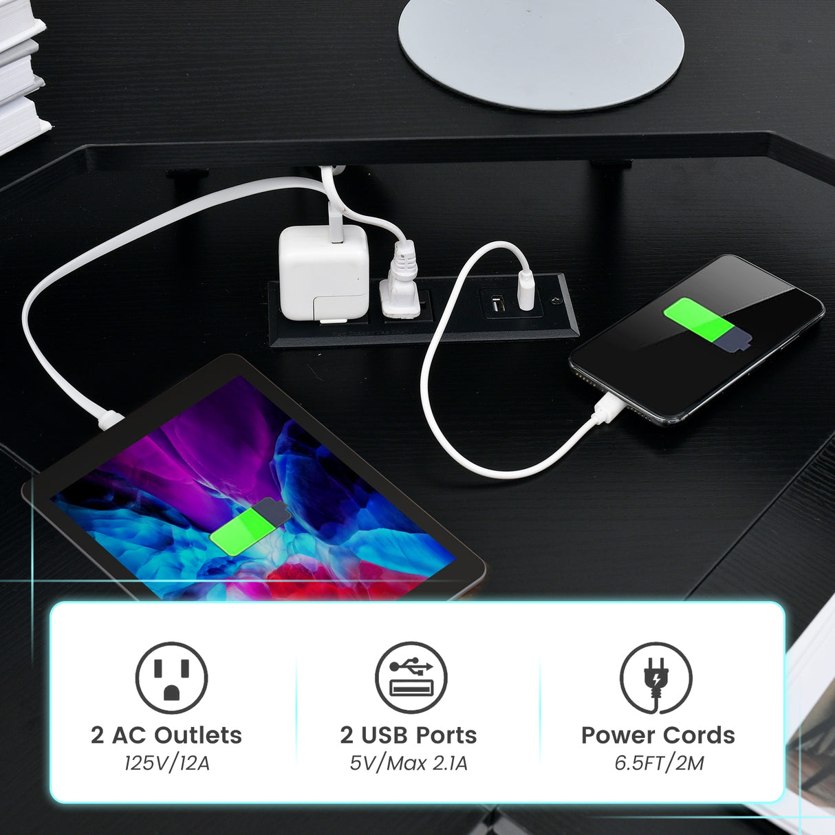 L-shaped Computer Desk with Power Outlet and Monitor Stand