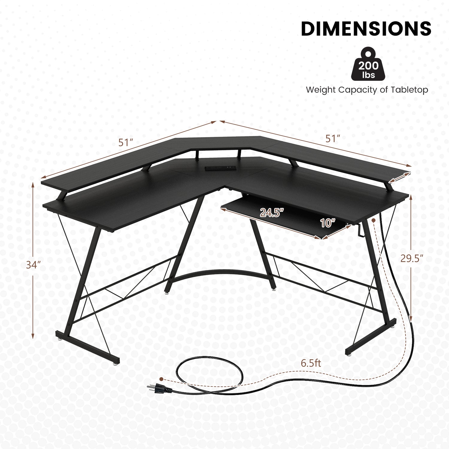 L-shaped Computer Desk with Power Outlet and Monitor Stand