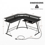L-shaped Computer Desk with Power Outlet and Monitor Stand