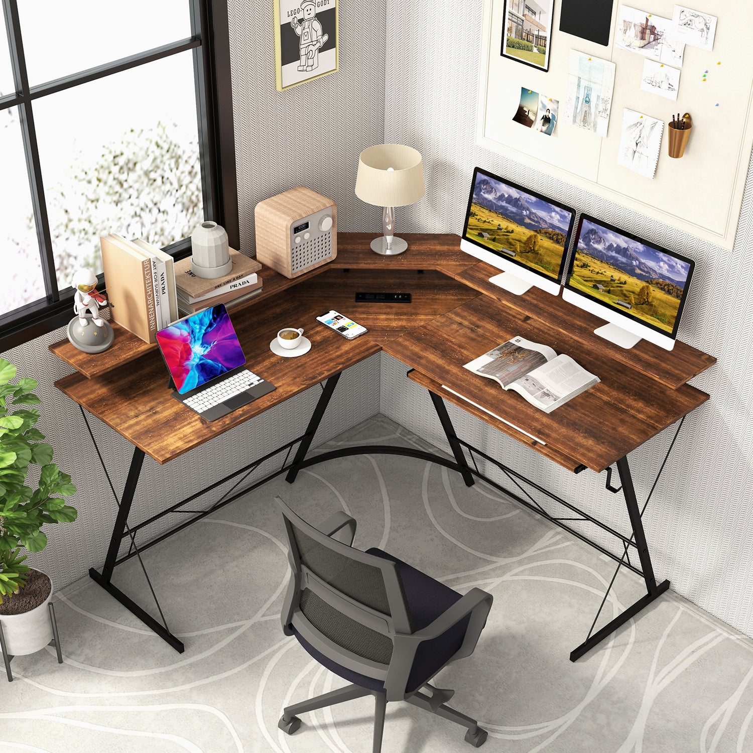 L-shaped Computer Desk with Power Outlet and Monitor Stand