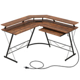 L-shaped Computer Desk with Power Outlet and Monitor Stand