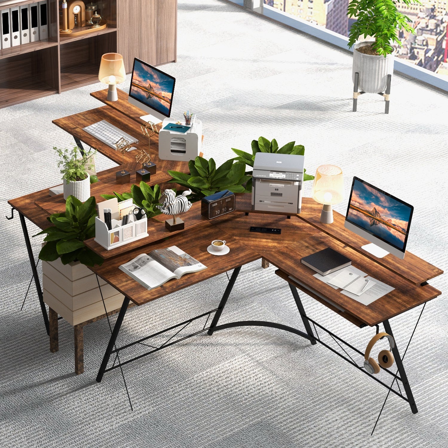 L-shaped Computer Desk with Power Outlet and Monitor Stand
