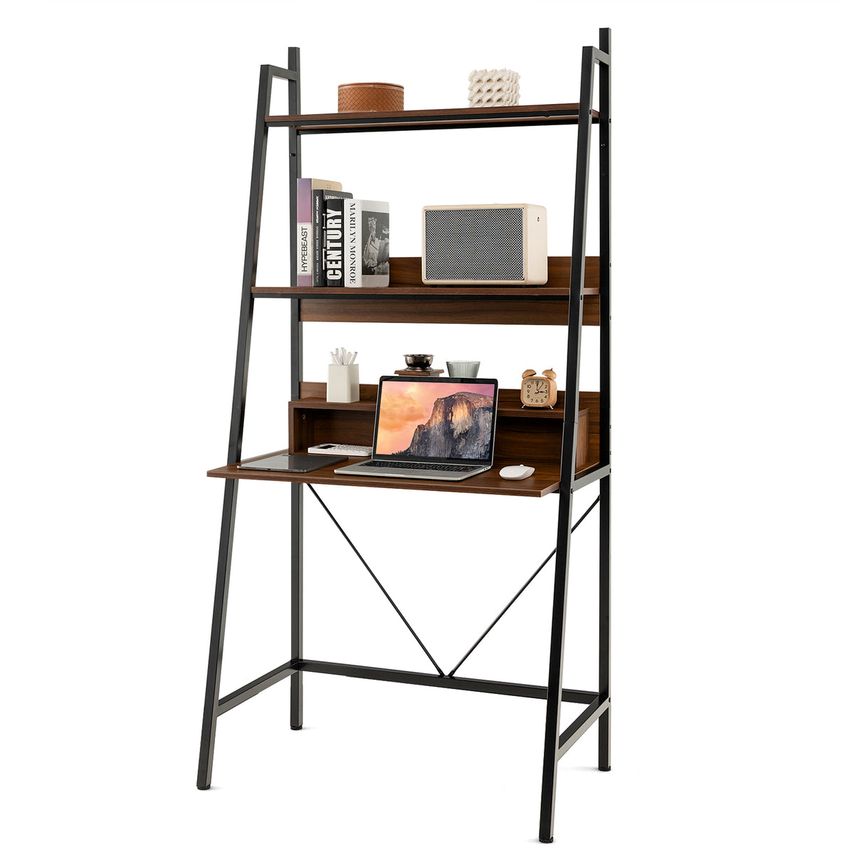 71" High Freestanding Laptop Desk with Open Shelves for Living Room Bedroom Study-Brown