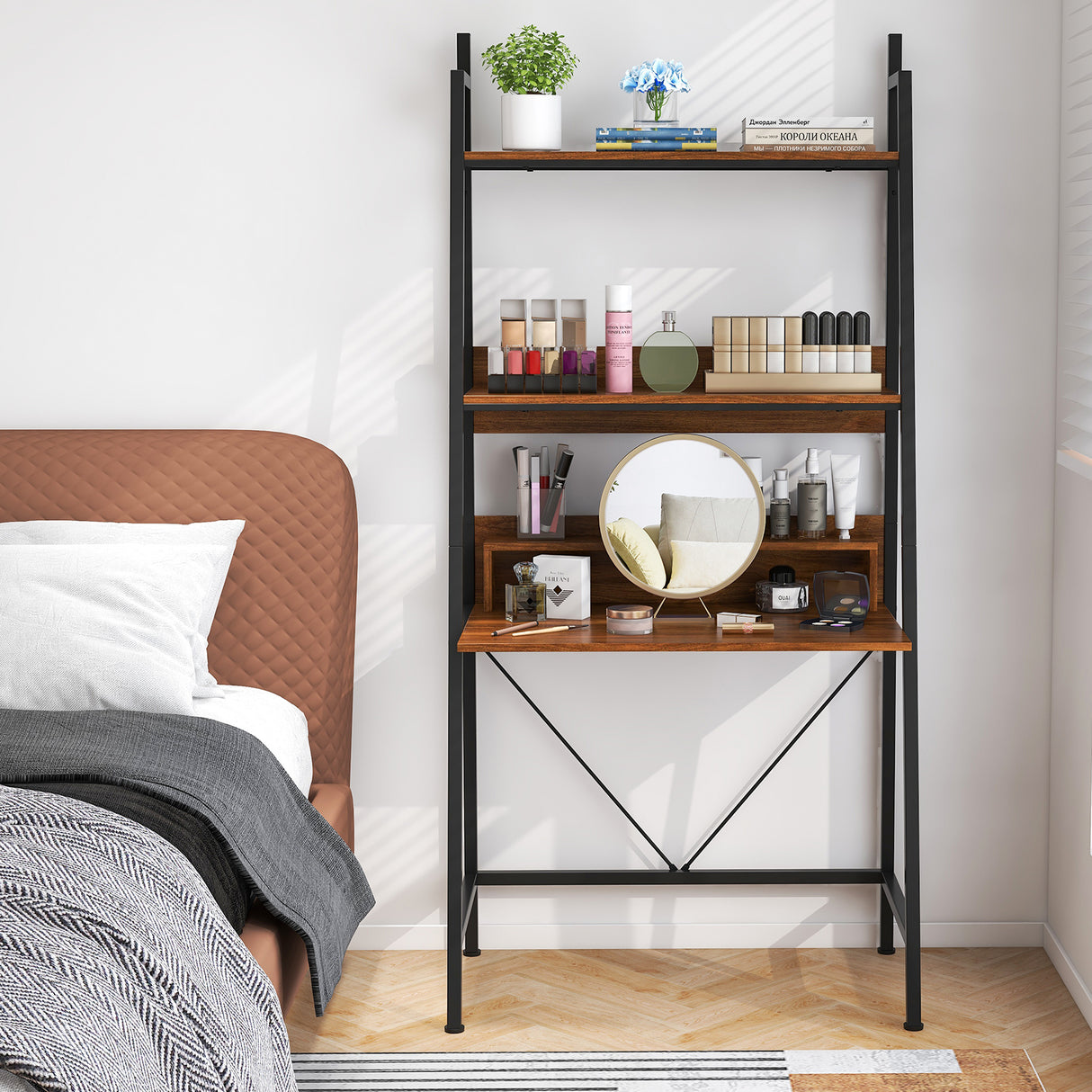 71" High Freestanding Laptop Desk with Open Shelves for Living Room Bedroom Study-Brown