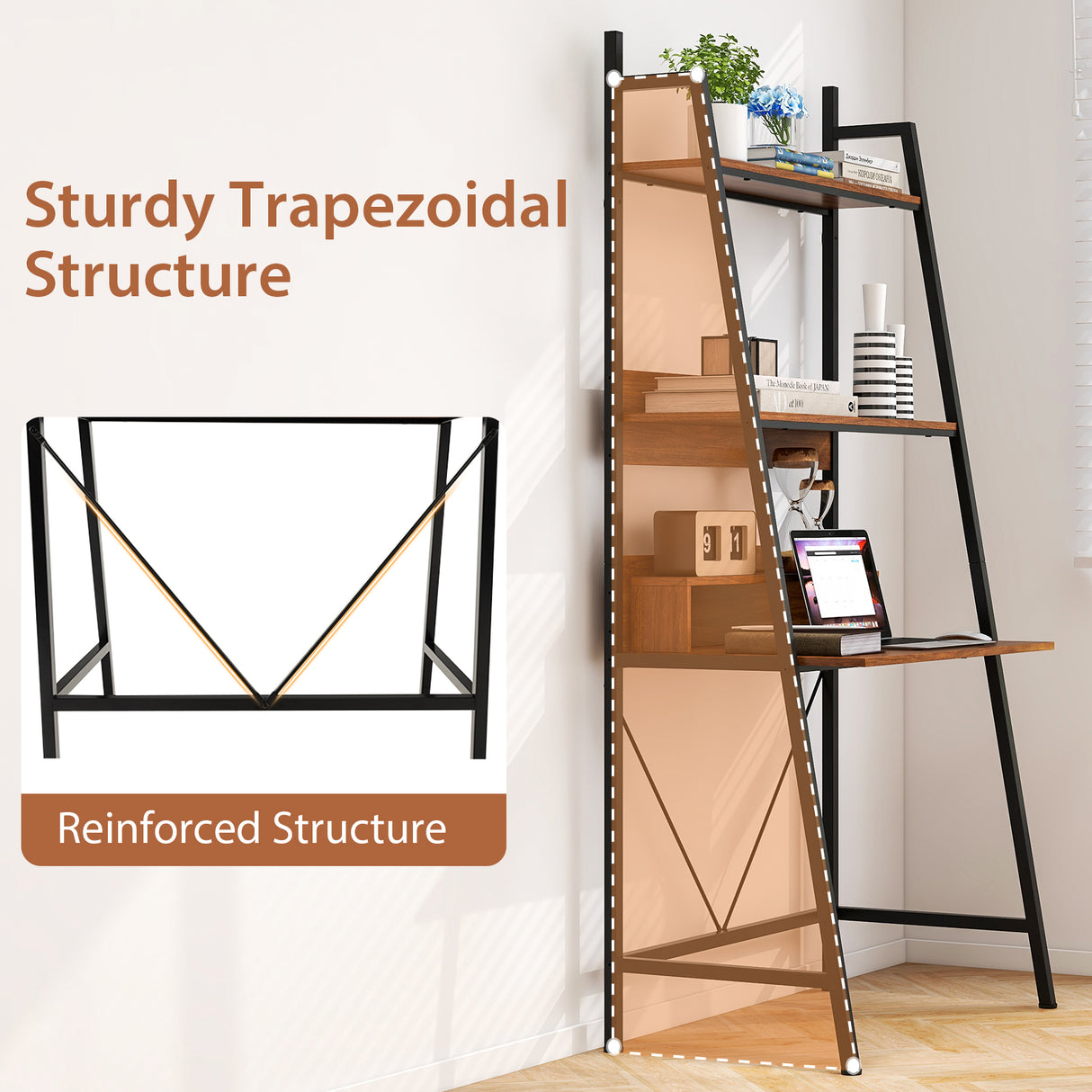 71" High Freestanding Laptop Desk with Open Shelves for Living Room Bedroom Study-Brown