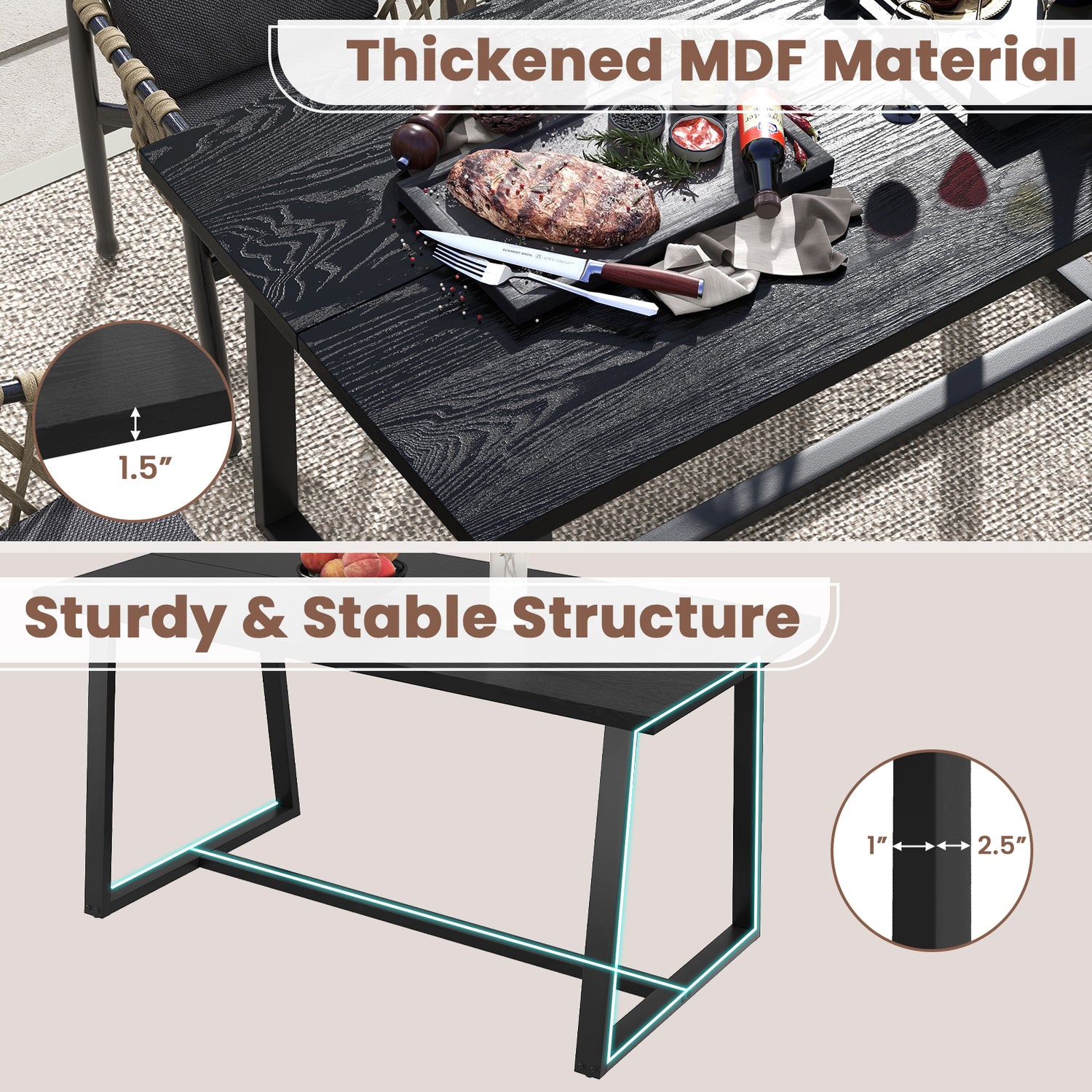 Large Dining Table with Heavy-duty Metal Frame and Anti-slip Foot Pads