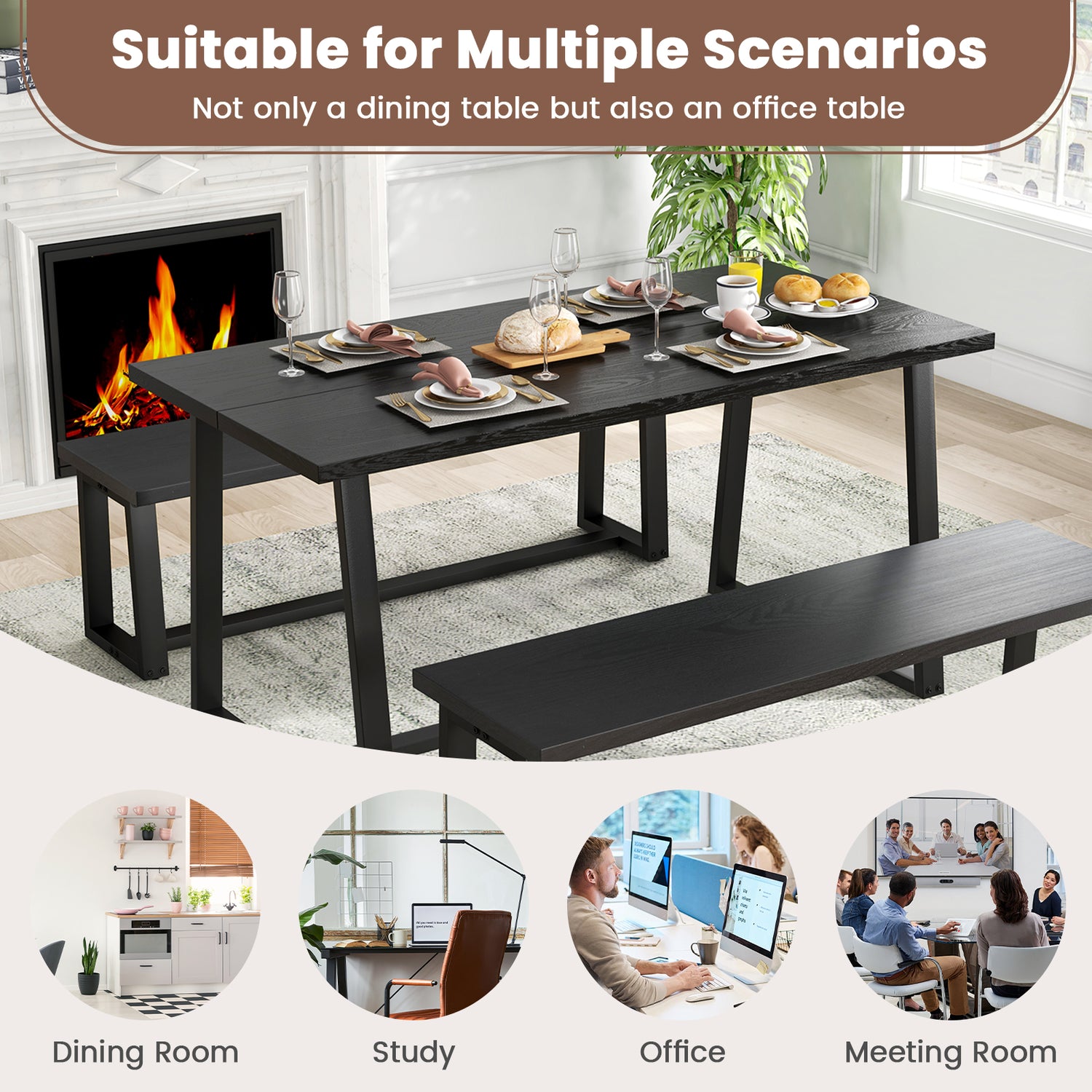 Large Dining Table with Heavy-duty Metal Frame and Anti-slip Foot Pads