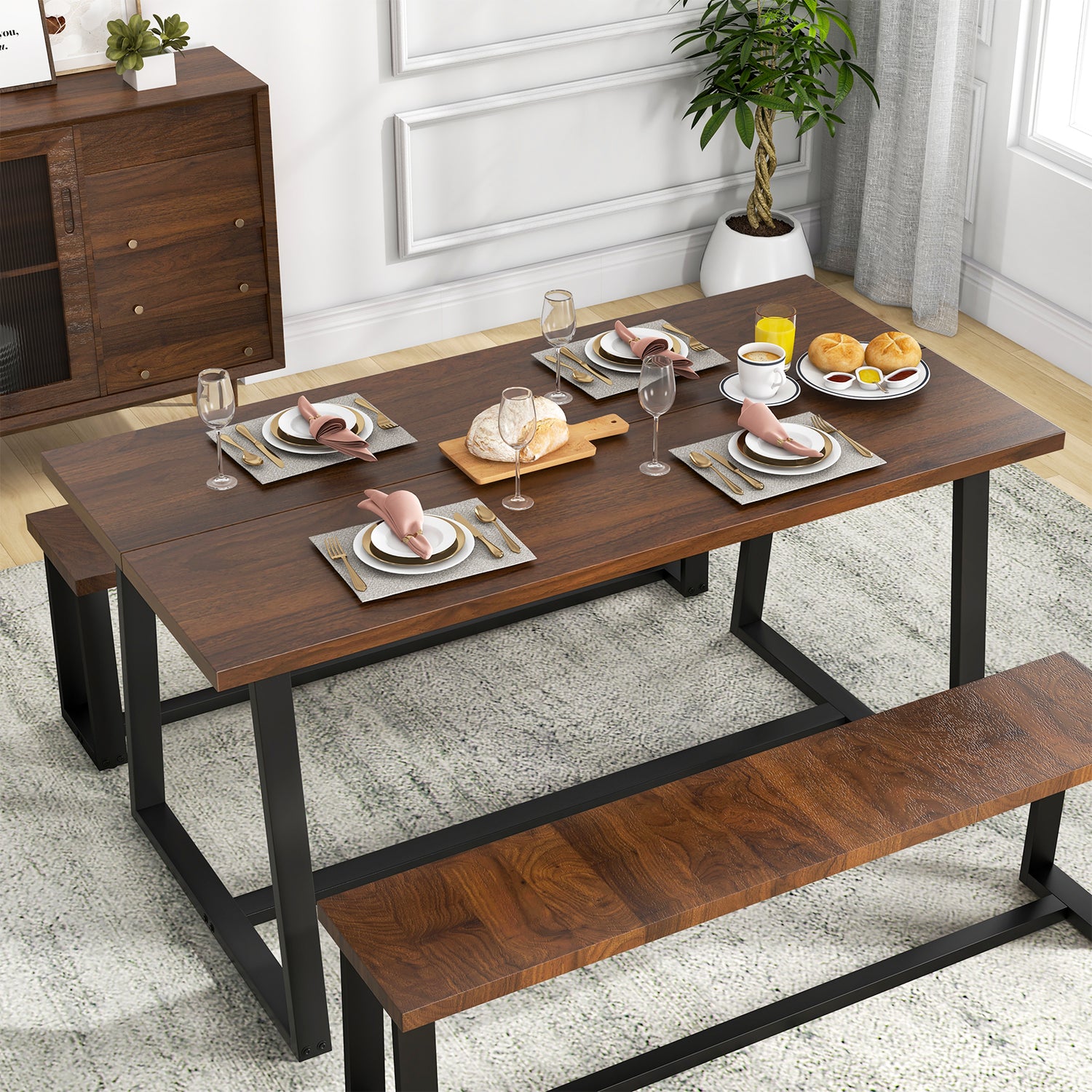 Large Dining Table with Heavy-duty Metal Frame and Anti-slip Foot Pads