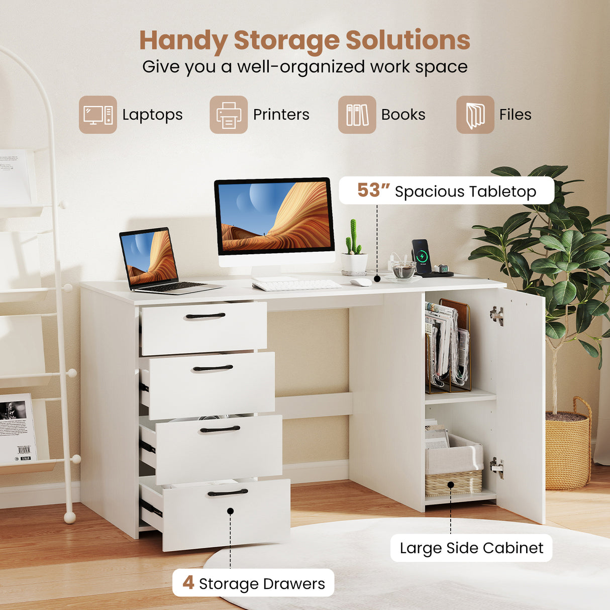 53 Inches Computer Desk with Power Outlets and 4 Storage Drawers