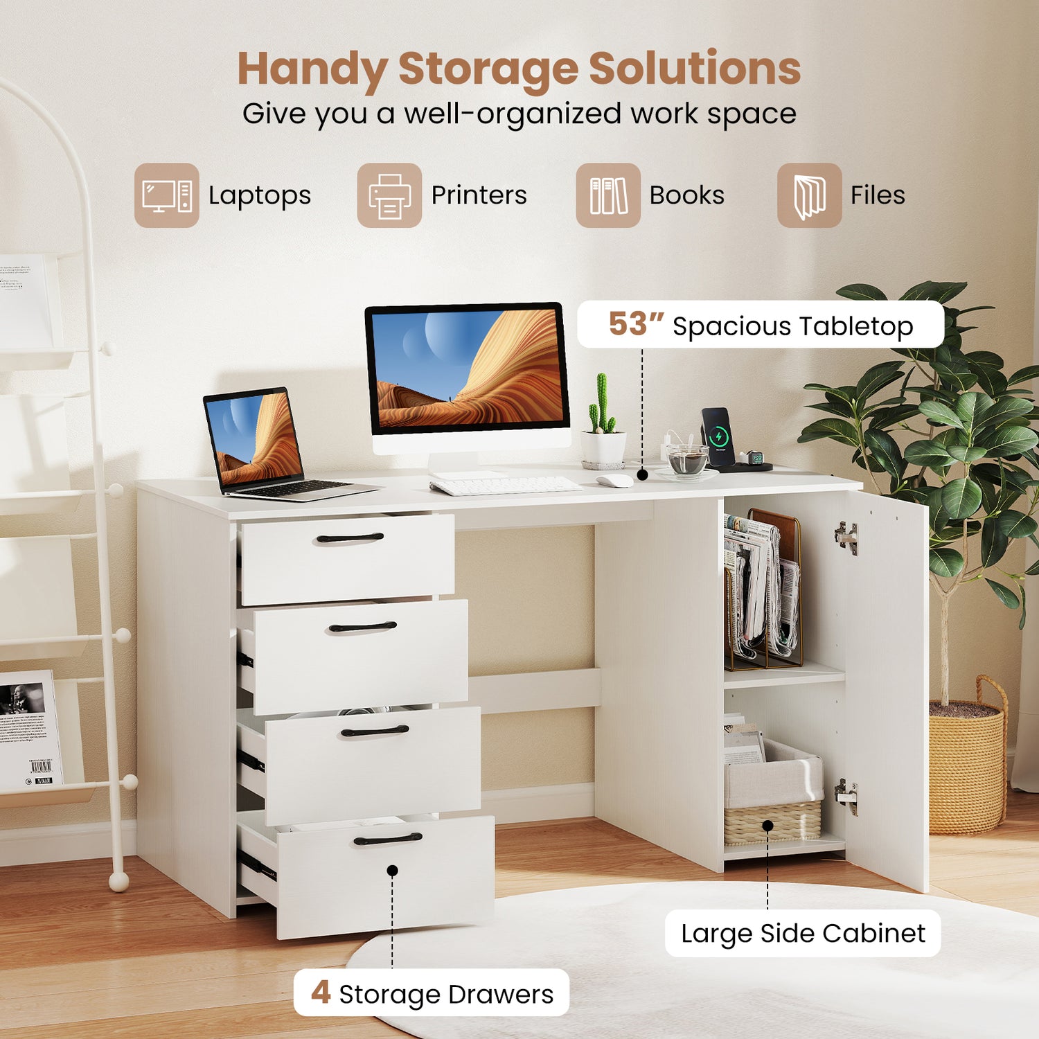 53 Inches Computer Desk with Power Outlets and 4 Storage Drawers