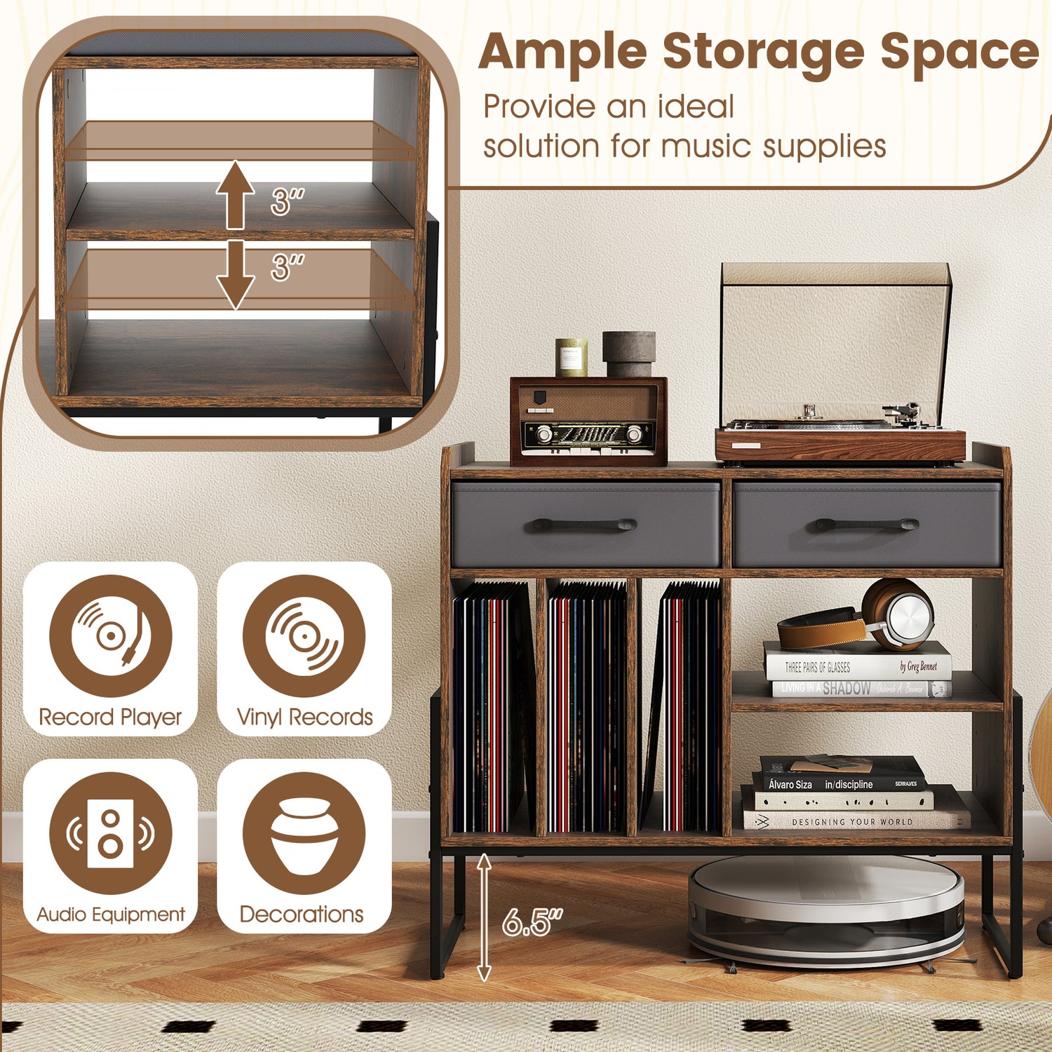 Large Record Player Stand with Charging Station Mid Century Modern Vinyl Storage Cabinet