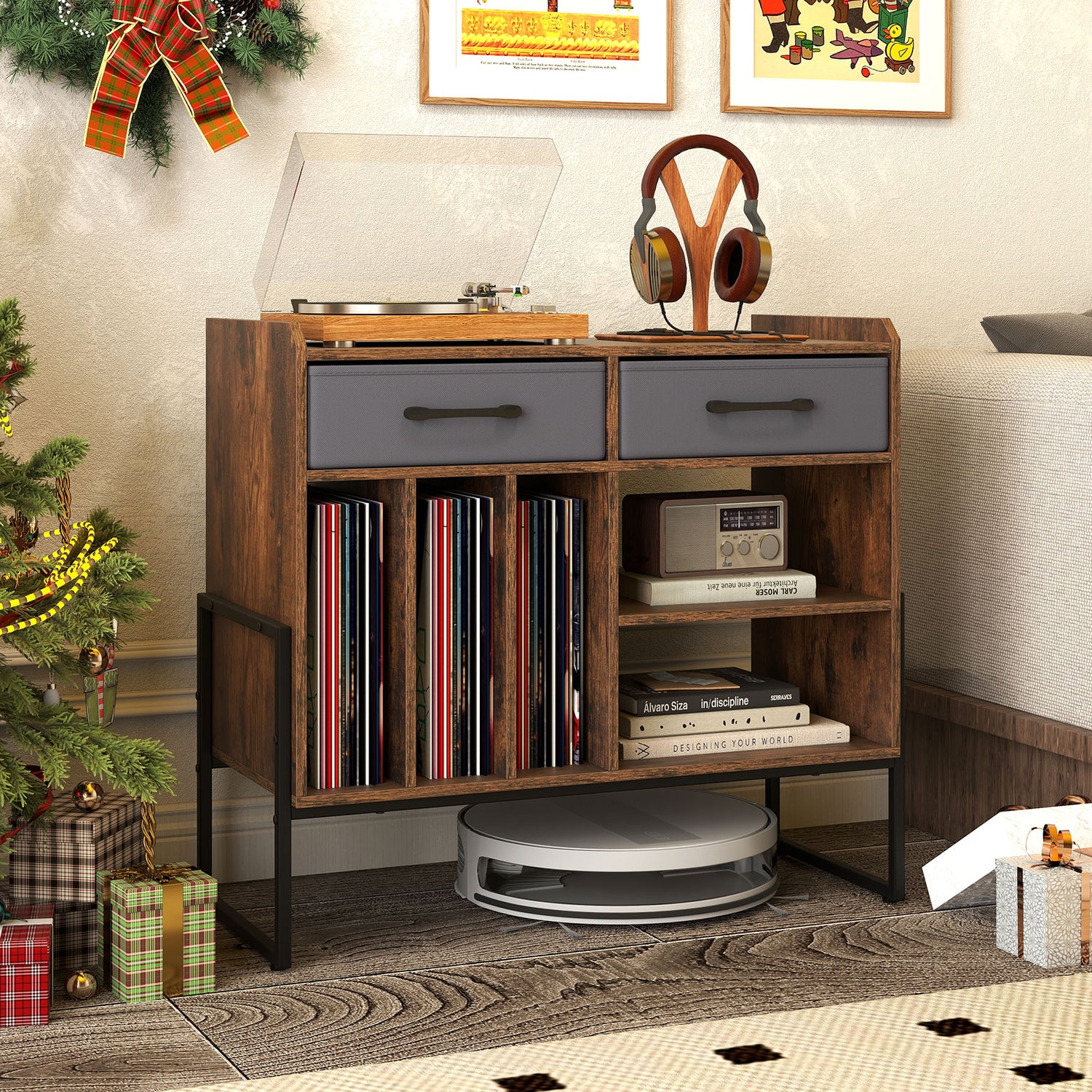 Large Record Player Stand with Charging Station Mid Century Modern Vinyl Storage Cabinet