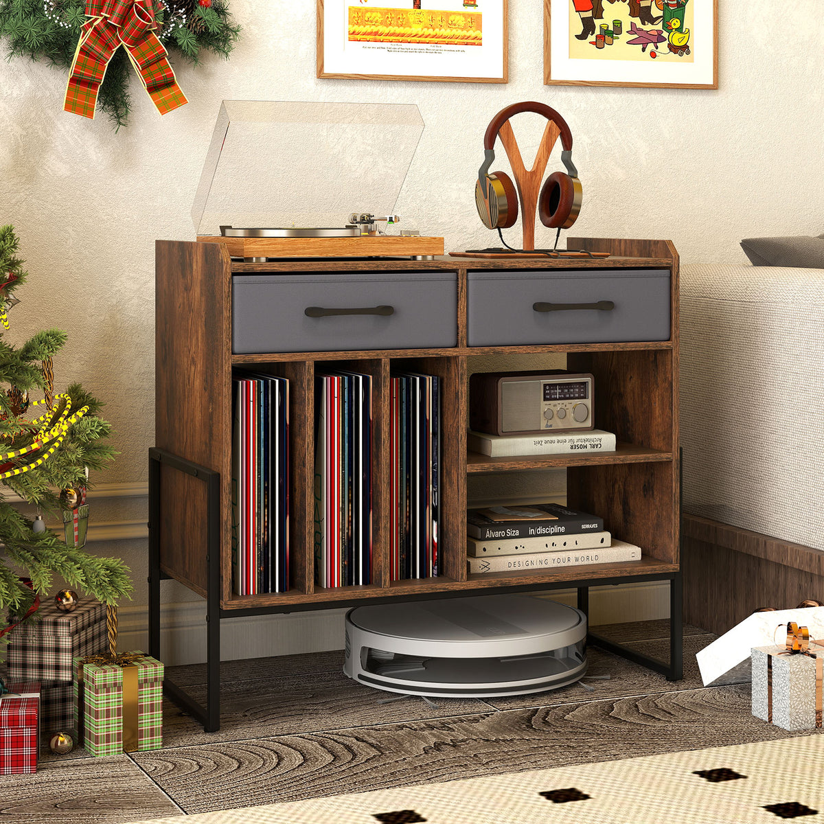 Large Record Player Stand with Charging Station Mid Century Modern Vinyl Storage Cabinet