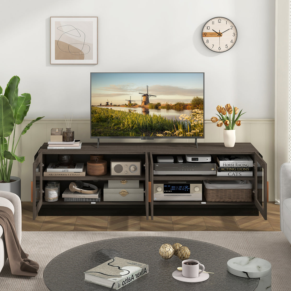 Large TV Stand for TVs up to 75 Inch with 4 Tempered Glass Doors for Living Room