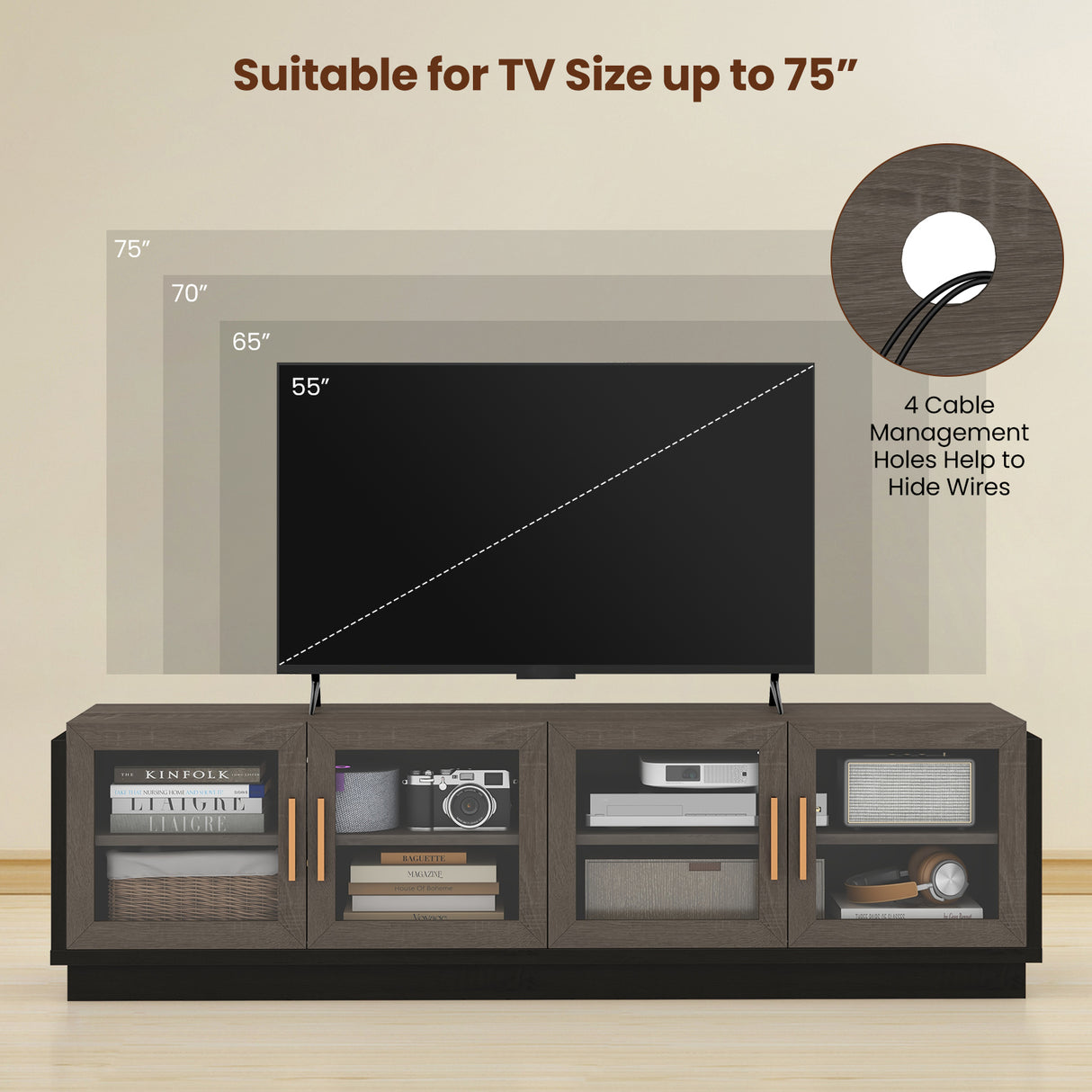 Large TV Stand for TVs up to 75 Inch with 4 Tempered Glass Doors for Living Room