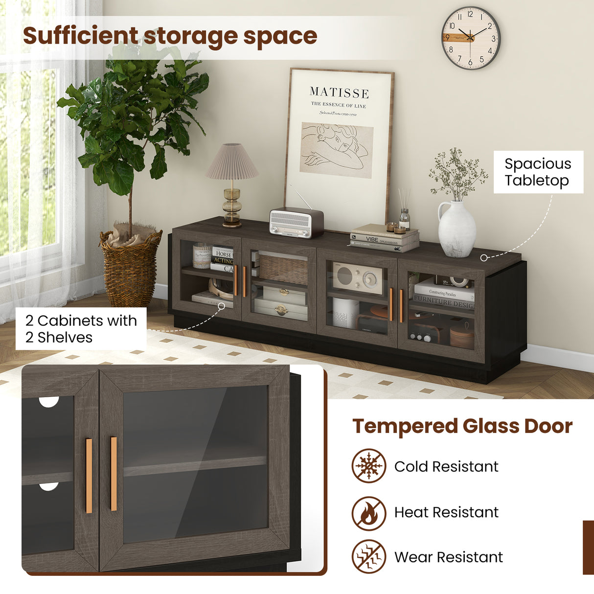 Large TV Stand for TVs up to 75 Inch with 4 Tempered Glass Doors for Living Room