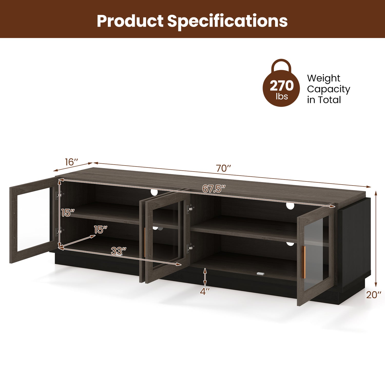 Large TV Stand for TVs up to 75 Inch with 4 Tempered Glass Doors for Living Room