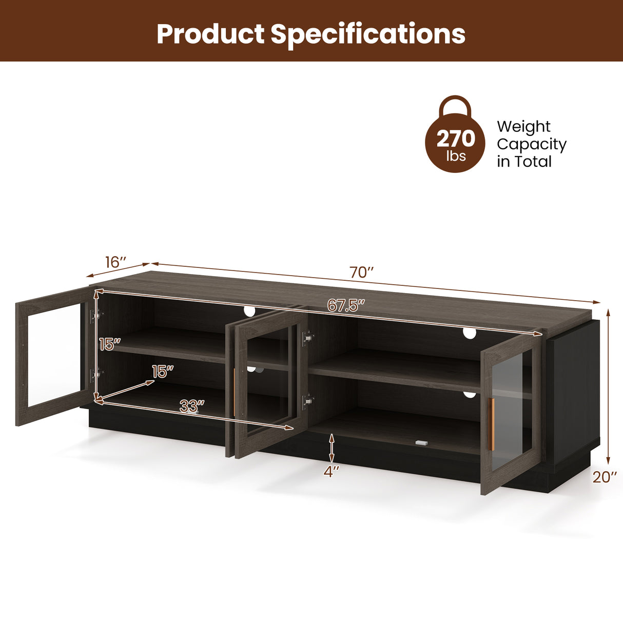 Large TV Stand for TVs up to 75 Inch with 4 Tempered Glass Doors for Living Room