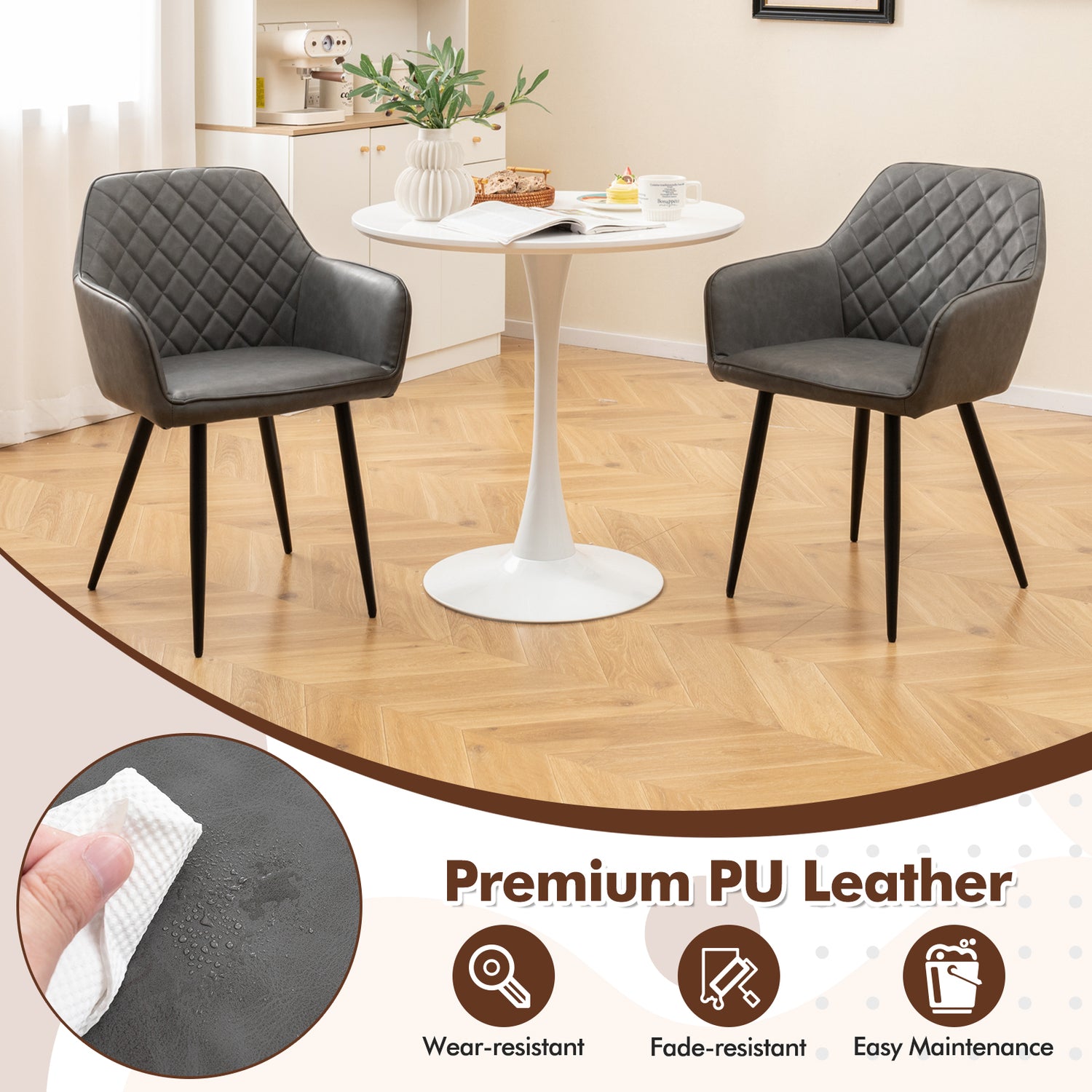 Leisure Dining Chair Set of 2 with Curved Backrest and Wide Seat