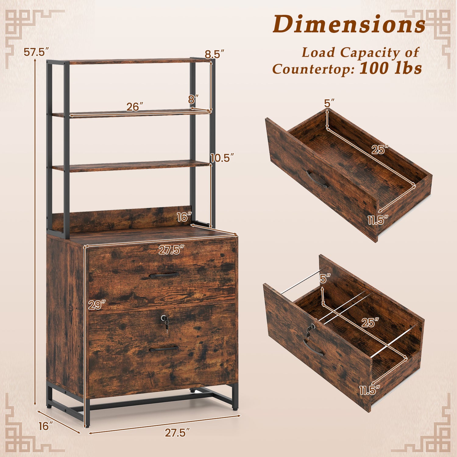 Letter Size Lateral File Cabinet with Lock and Bookshelf-Rustic Brown