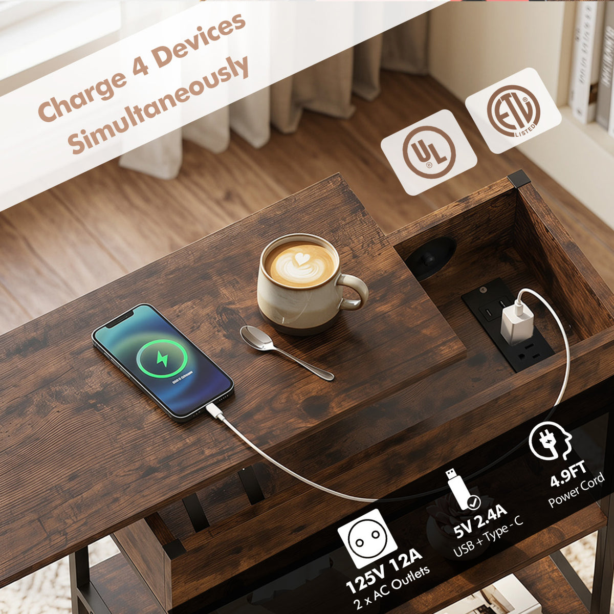 Lift Top End Table with Charging Station and Universal Wheels
