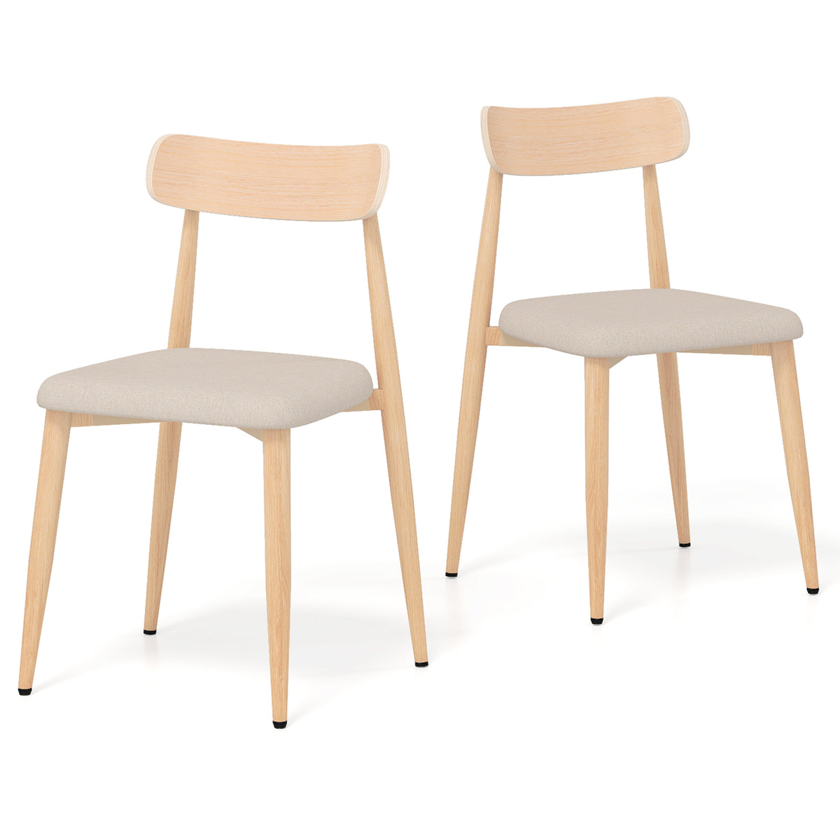 Linen Fabric Upholstered Modern Dining Chair Set of 2 with Padded Seat and Curved Back-Oak