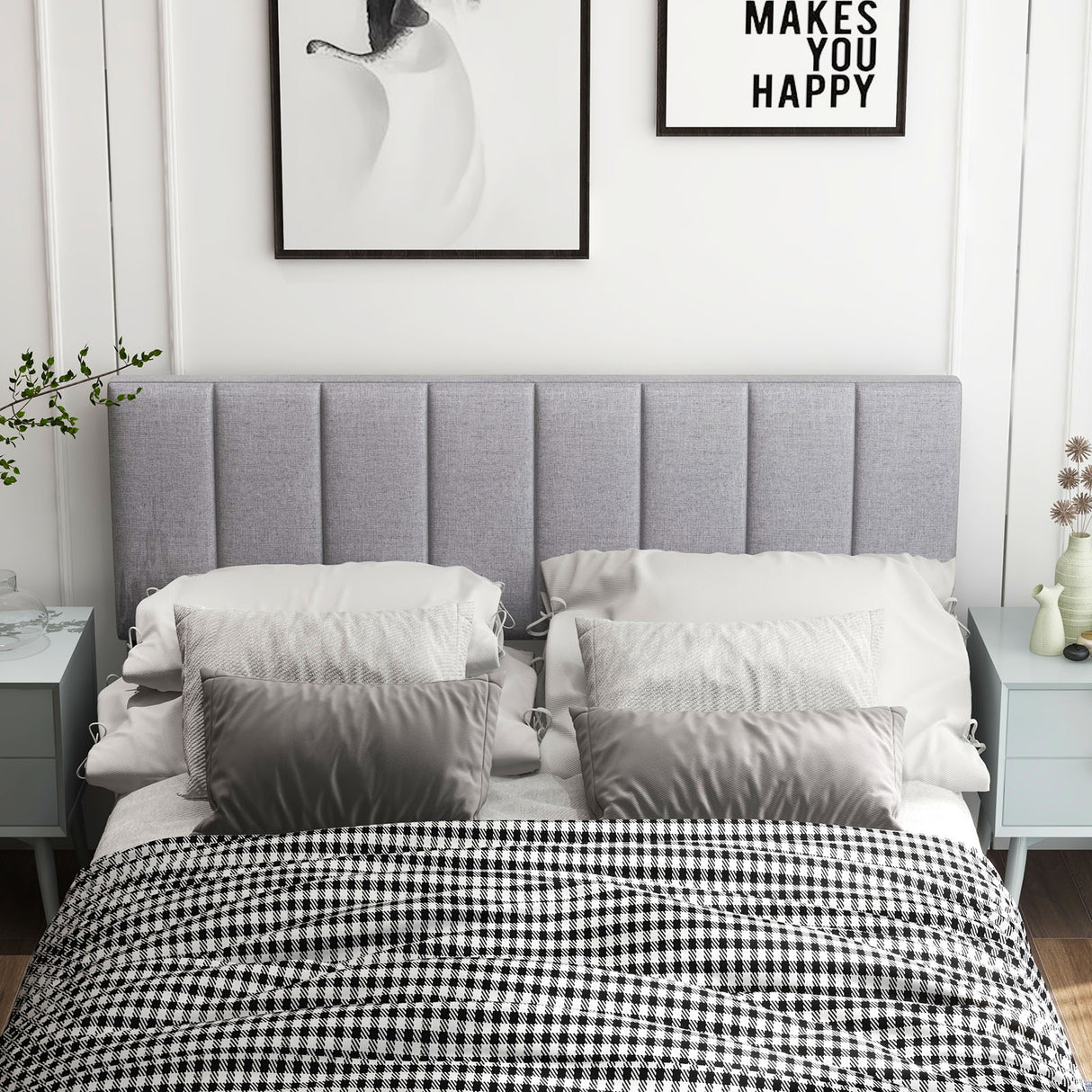 Linen Upholstered Headboard with Solid Wood Legs and Adjustable Width